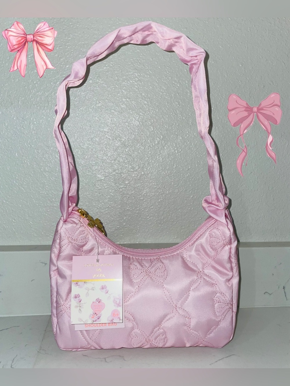 LoveShackFancy Pink Quilted Bow-Pattern Shoulder Bag